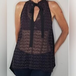 Free People Sheer Embroidered Mesh Tie Neck Top
